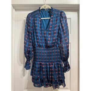 AQUA x PENDLETON Printed Smocked Waist Mini Dress Blue Size Small